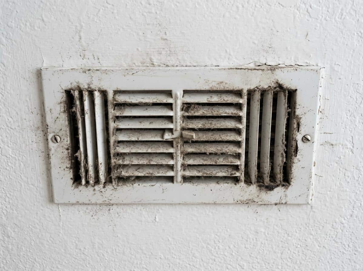 Dirty air conditioning vent circulating dust and allergens inside a home
